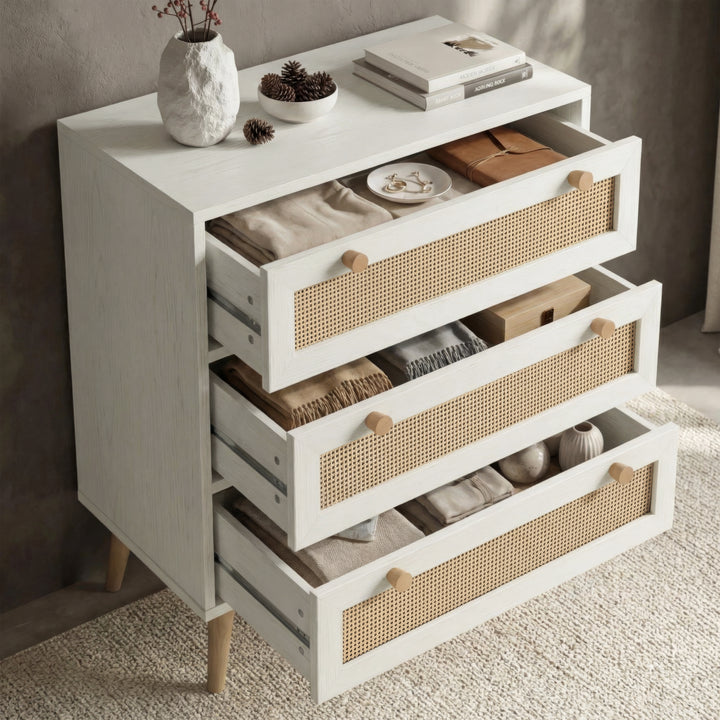 [White] 3 drawer chest Wovena rattan bedroom furniture set with all drawers open showing folded knitwear