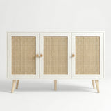 [White] Wovena Rattan 3 Door Sideboard - Adjustable Shelf White clean straight-on the three woven rattan door panels.