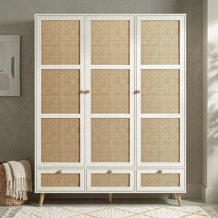 [White] Wovena rattan 3 door wardrobe front view with all doors closed showing cane mesh panels and pine knob 