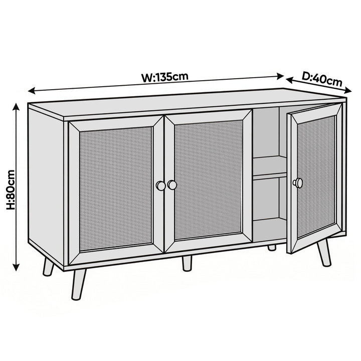 [White] Wovena rattan 3 door sideboard dimensions diagram W 135cm x D 40cm x H 80cm with right door open showing shelf