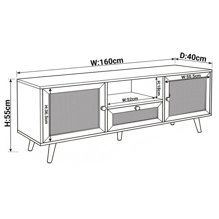 [White] Wovena TV unit dimension diagram showing 160cm width, 55cm height, 40cm depth and internal shelf measurements