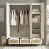 [White] Wovena 3 door wardrobe open showing left hanging rail with garments and right shelves of folded knitwear
