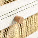 [White] Wovena wardrobe close-up of natural rattan cane mesh weave texture with round solid pine knob handle