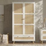 [White] Tall 2-door wardrobe of Wovena rattan bedroom furniture set with six cane sections and tapered oak legs
