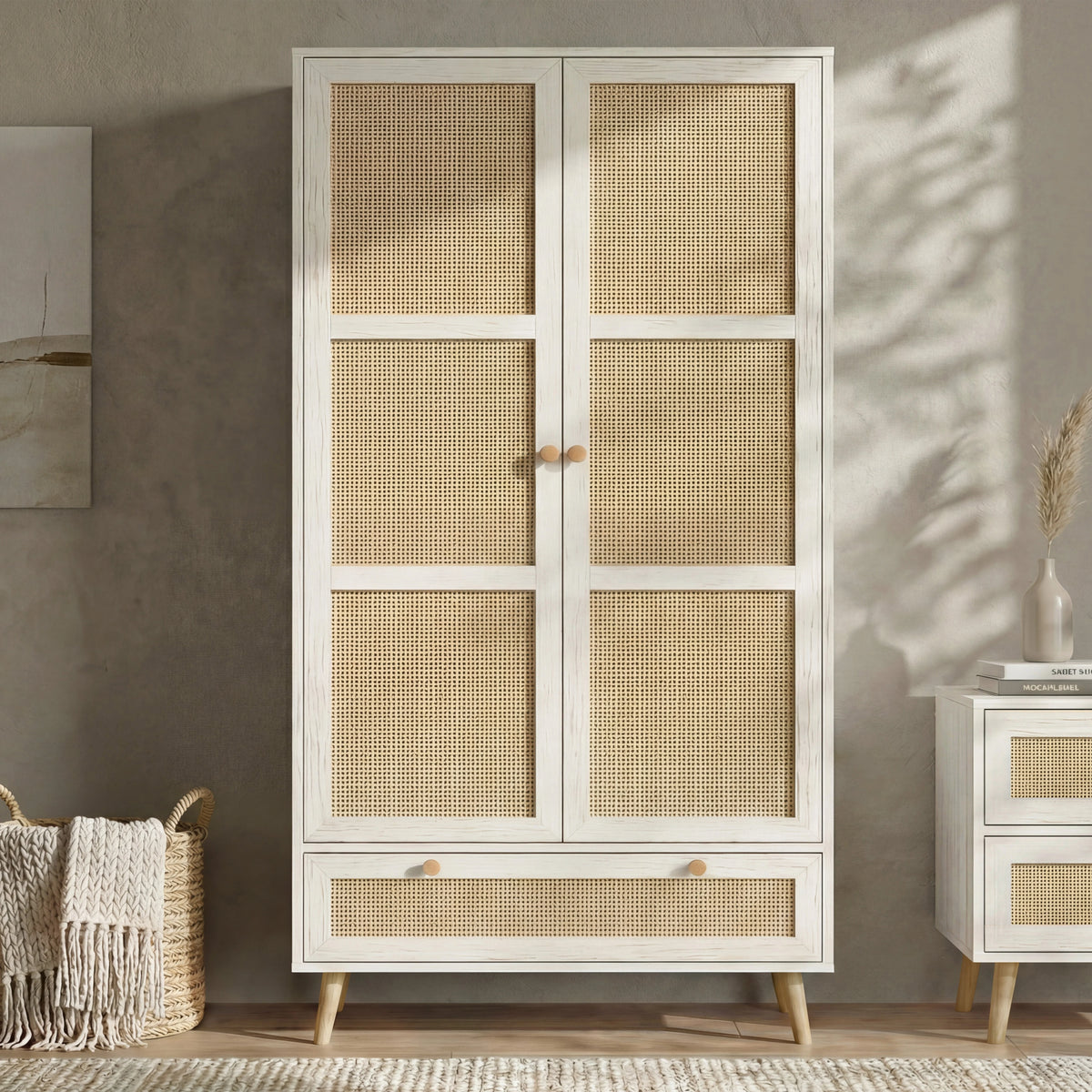 [White] Tall 2-door wardrobe of Wovena rattan bedroom furniture set with six cane sections and tapered oak legs
