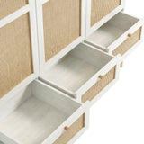 [White] rattan 3 door wardrobe with all three base drawers pulled fully open showing white melamine interior