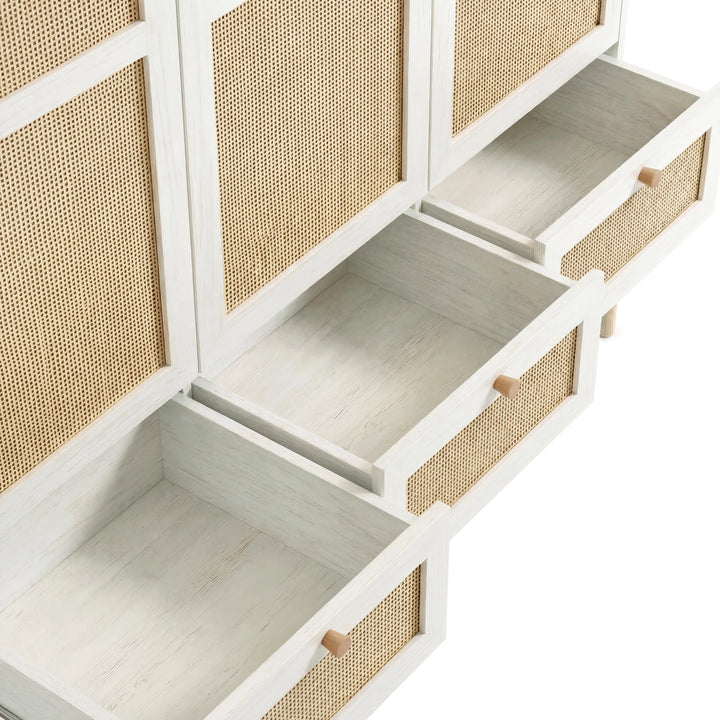 [White] rattan 3 door wardrobe with all three base drawers pulled fully open showing white melamine interior