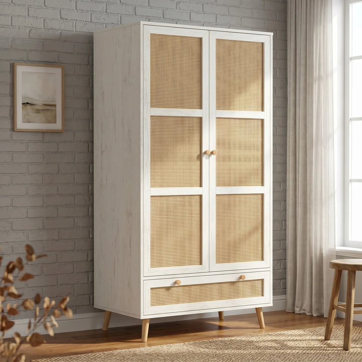 [White] 2 door wardrobe wovena rattan styled at angle in bright room with herringbone throw and natural decor