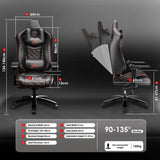 [Black] Gaming chair with dimensions and features displayed on a dark background