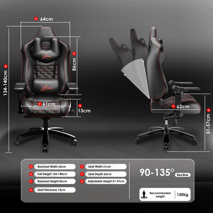 [Black] Gaming chair with dimensions and features displayed on a dark background