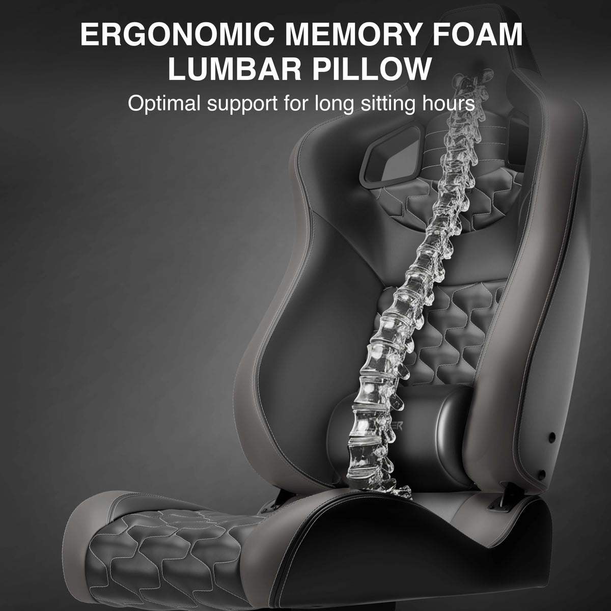 [Black + Grey] Ergonomic memory foam lumbar pillow with a skeleton illustration on a dark background