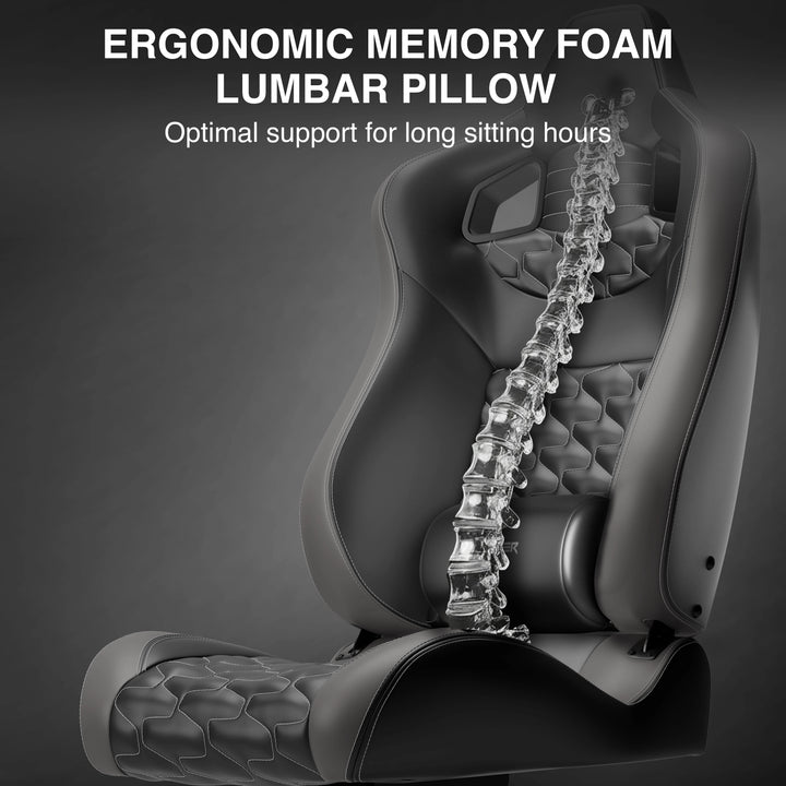 [Black + Grey] Ergonomic memory foam lumbar pillow with a skeleton illustration on a dark background