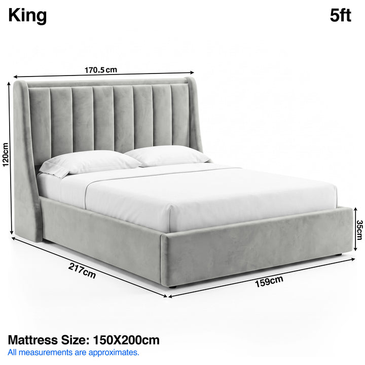 [Light Grey | King] Bed dimensions: frame 170.5W x 217L x 120H cm, footboard 35 cm; mattress 150 x 200 cm