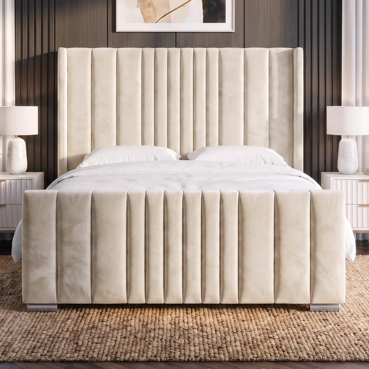[King | Beige] upholstered bed frame with a tall, vertically channel-tufted headboard and matching footboard, styled in a modern bedroom setting
