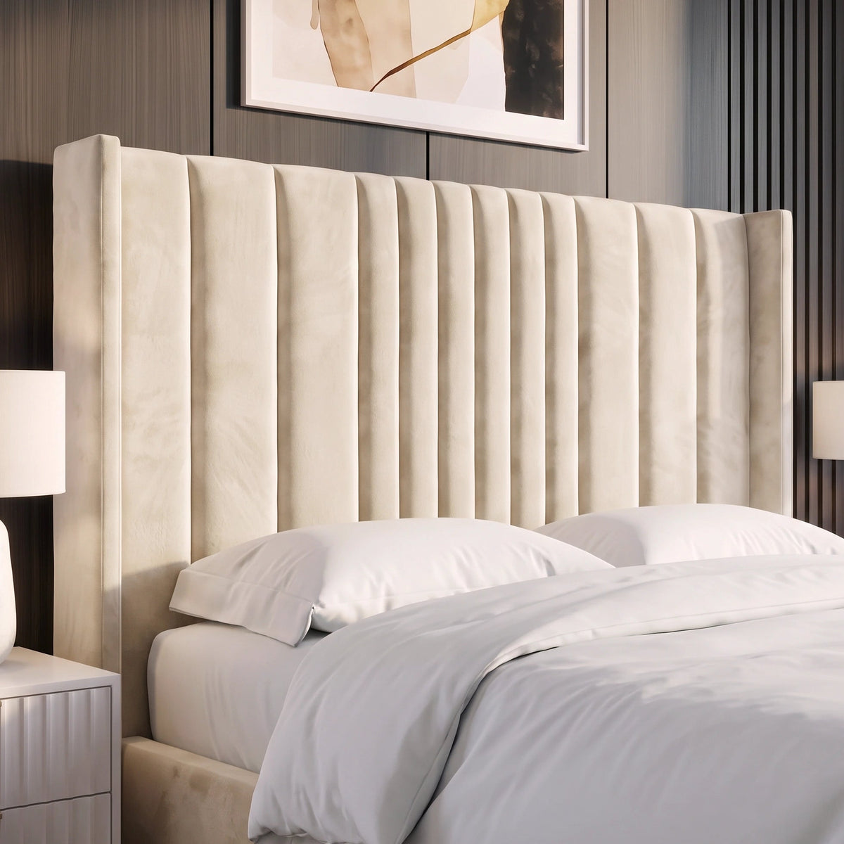 [Double | Beige] Winged tall upholstered headboard in a warm beige velvet-like fabric, shown on a bed with white bedding in a modern bedroom setting.