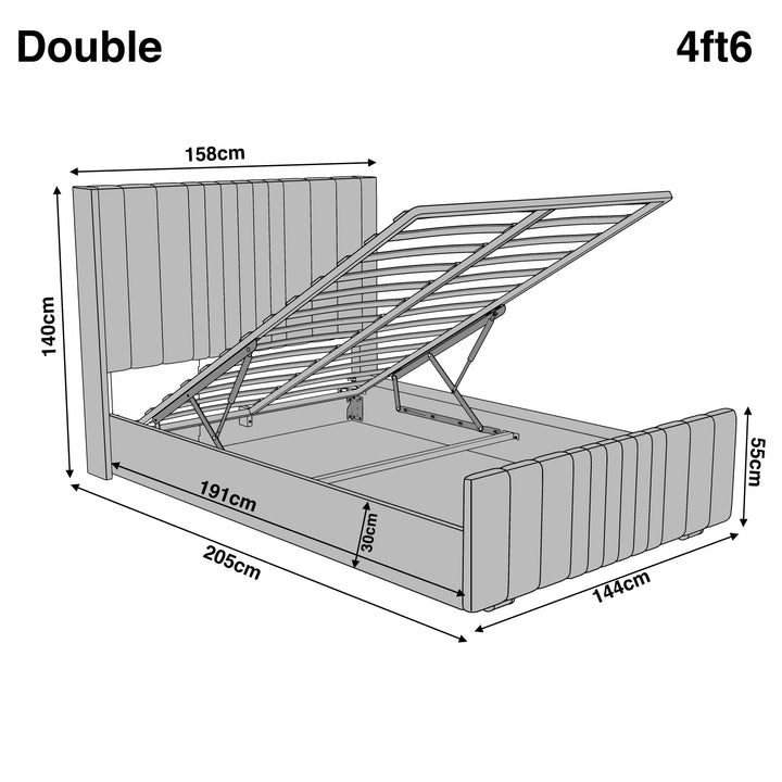 [Double | Grey] Dimensions diagram showing 158cm headboard width and 205cm length with 140cm height