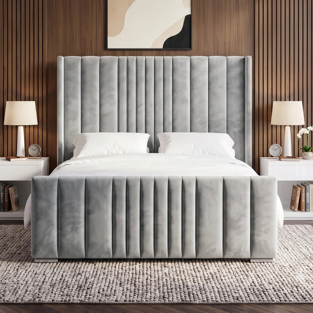 [Double | Light Grey] Symmetrical day light scene with tall fluted headboard and matching footboard between nightstands