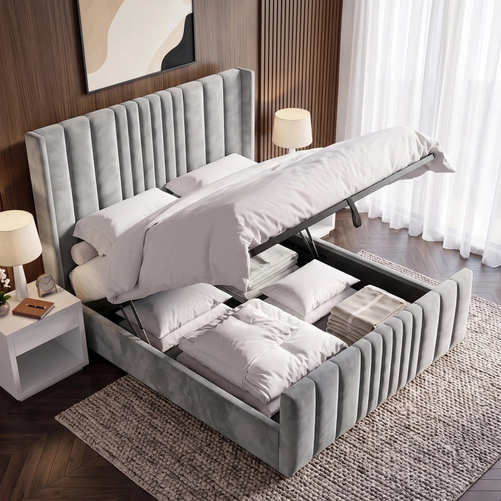 [Double | Light Grey] Gas-strut mechanism raising mattress showing full-length storage in channel-stitched frame