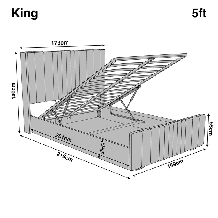 [King | Grey] Dimensions diagram showing 173cm headboard width and 215cm length with 140cm height