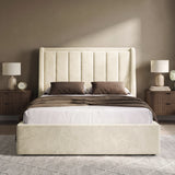[Beige | Double] Winged ottoman storage bed front view with winged vertical panel headboard and footboard