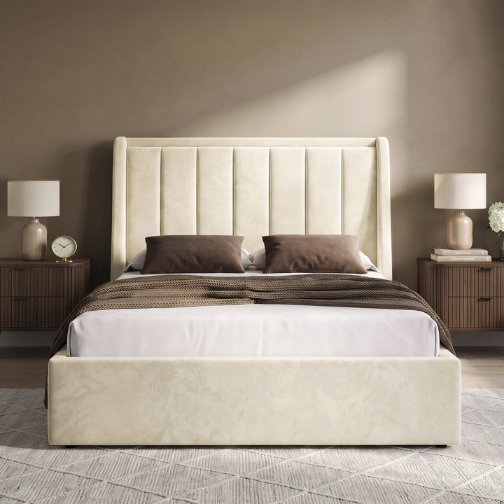 [Beige | Double] Winged ottoman storage bed front view with winged vertical panel headboard and footboard