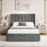 [Grey | Double] Winged ottoman storage bed front view with winged vertical panel headboard and footboard
