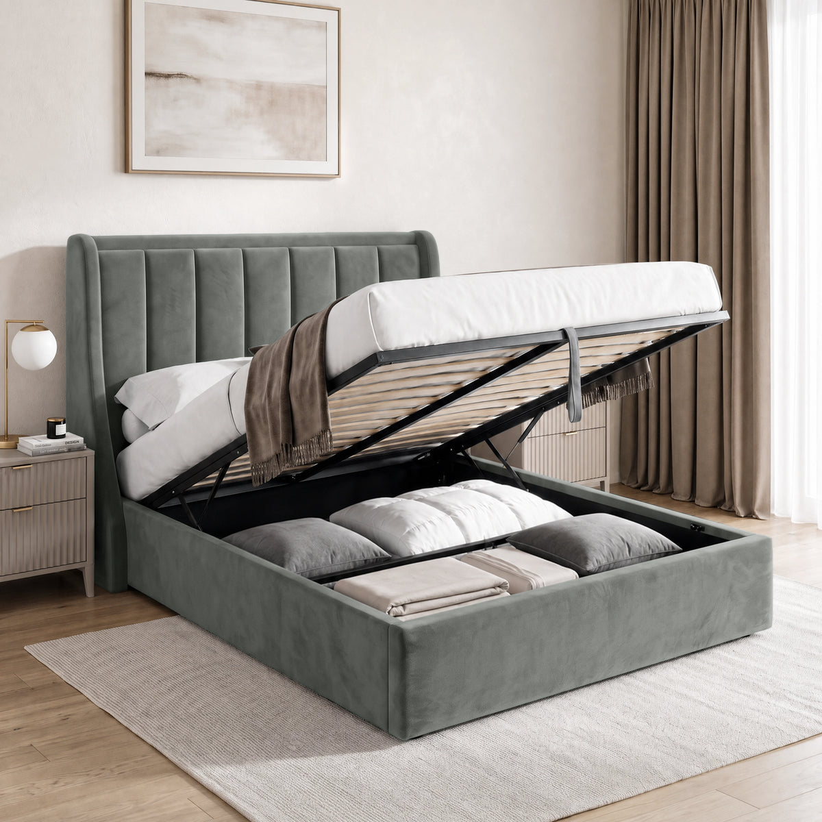 [Grey | Double] Winged ottoman storage bed open with gas-lift frame, slats and under-bed storage