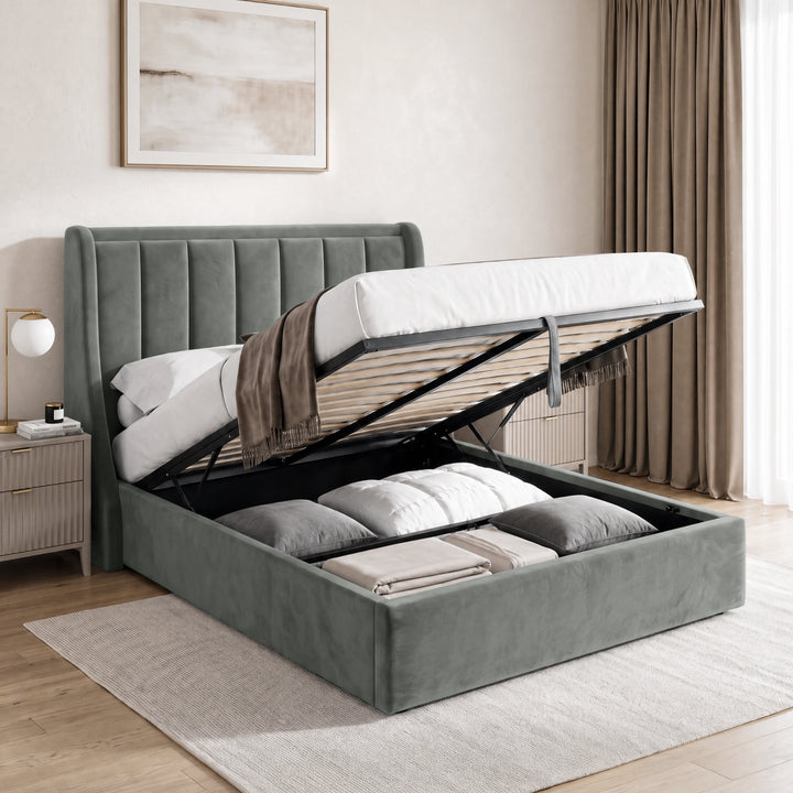 [Grey | Double] Winged ottoman storage bed open with gas-lift frame, slats and under-bed storage