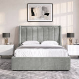 [Light Grey | Double] Winged ottoman storage bed front view with winged vertical panel headboard and footboard