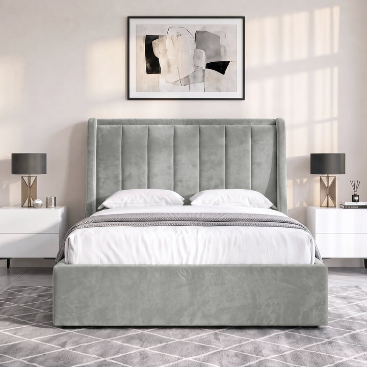 [Light Grey | Double] Winged ottoman storage bed front view with winged vertical panel headboard and footboard