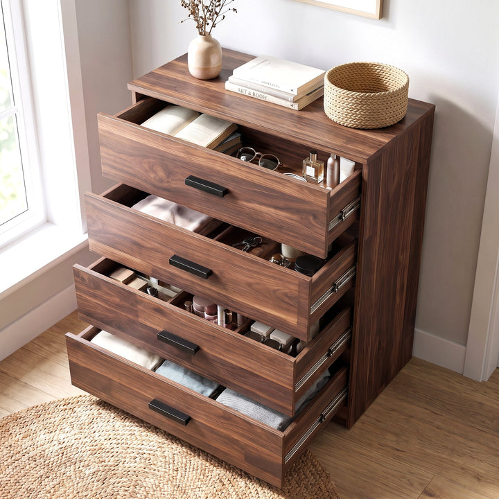 [Dark Bronx] 4-drawer dresser with black handles, shown in a bright room with all drawer pulled open to reveal storage compartments