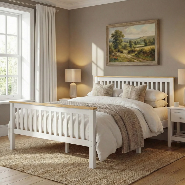 [White + Pine | Double] Neatly made bed in a bedroom with white furniture, beige walls, and a landscape painting.
