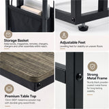 [Wooden Grey]feature graphic: storage basket, premium tabletop and strong metal frame details