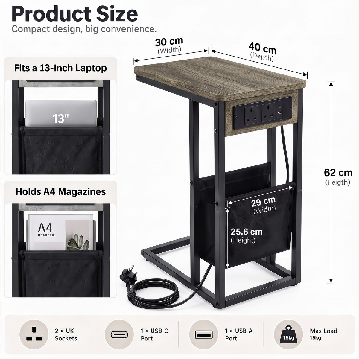 [Wooden Grey]Size graphic: 30W x 40D x 62H cm; pouch fits 13-inch laptop & A4 magazines; USB-A/C, 2 UK sockets, 15kg weight limit