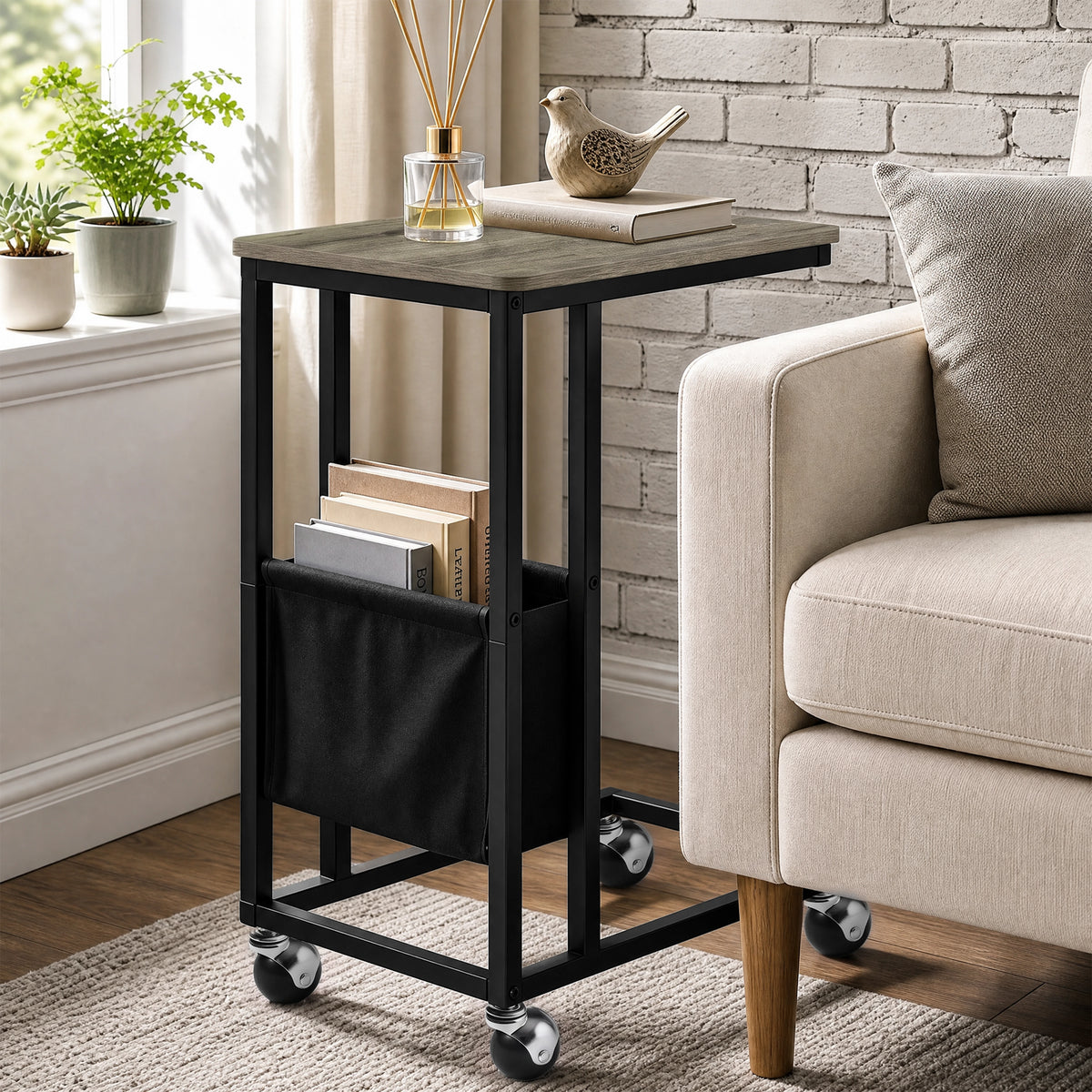 [Wooden Grey] compact side table beside sofa with wooden Grey-effect top, slim frame, pouch and caster wheels