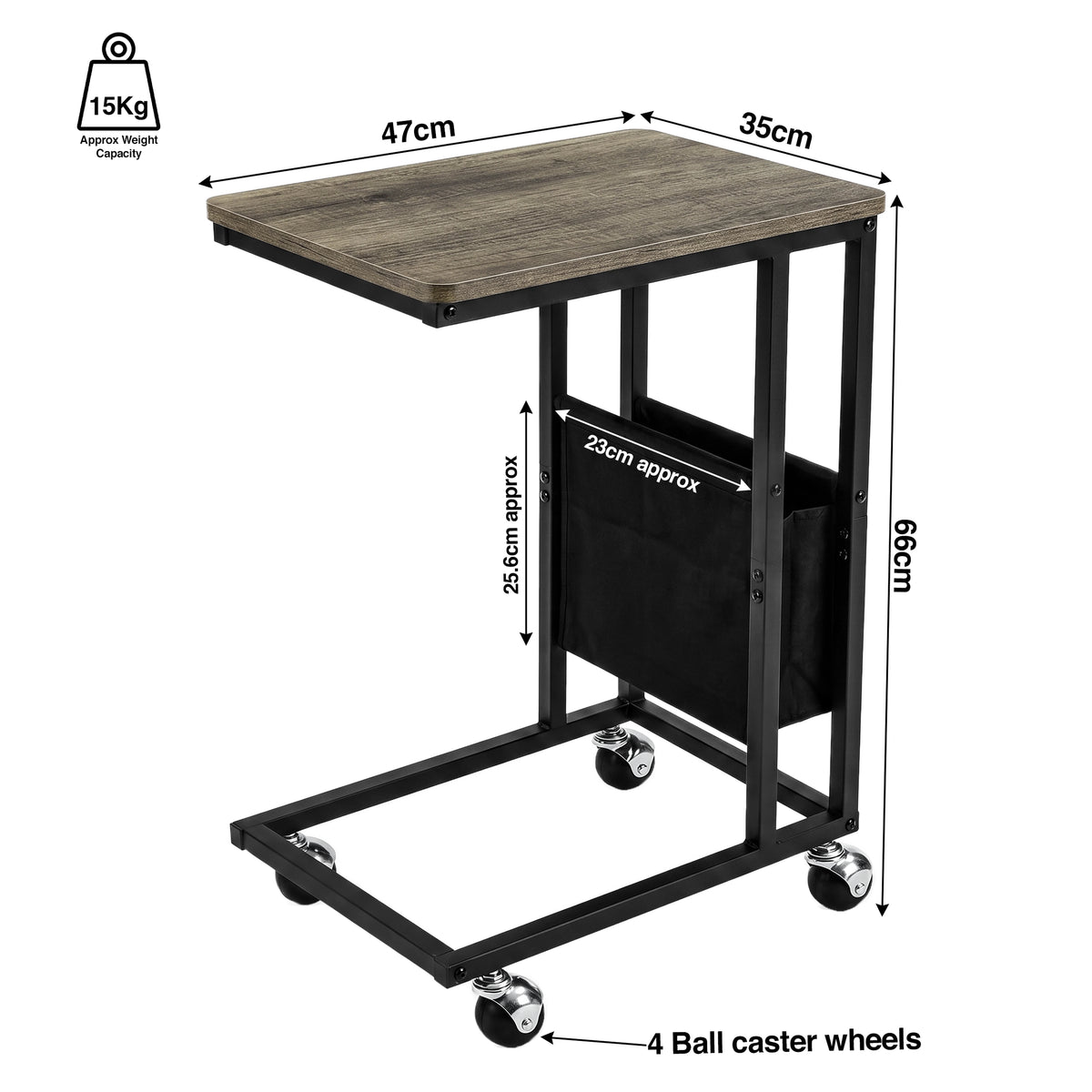 [Wooden Grey] dimensions graphic: 47 W x 35D x 66H mm, 15 mm top, 20 mm metal frame, 4 caster wheels