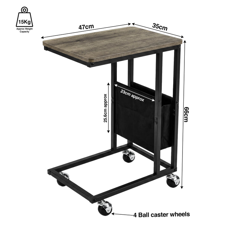 [Wooden Grey] dimensions graphic: 47 W x 35D x 66H mm, 15 mm top, 20 mm metal frame, 4 caster wheels