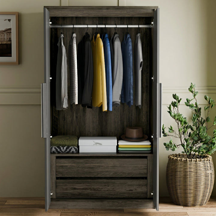 [Wooden Grey+Grey] Both doors open on Skova wardrobe showing hanging rail, folded shelf goods and two stacked drawers