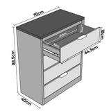[Wooden Grey+Grey] chest of drawers size diagram, showing 88.5 cm height, 70 cm width, and 40 cm depth, with labelled drawer sizes