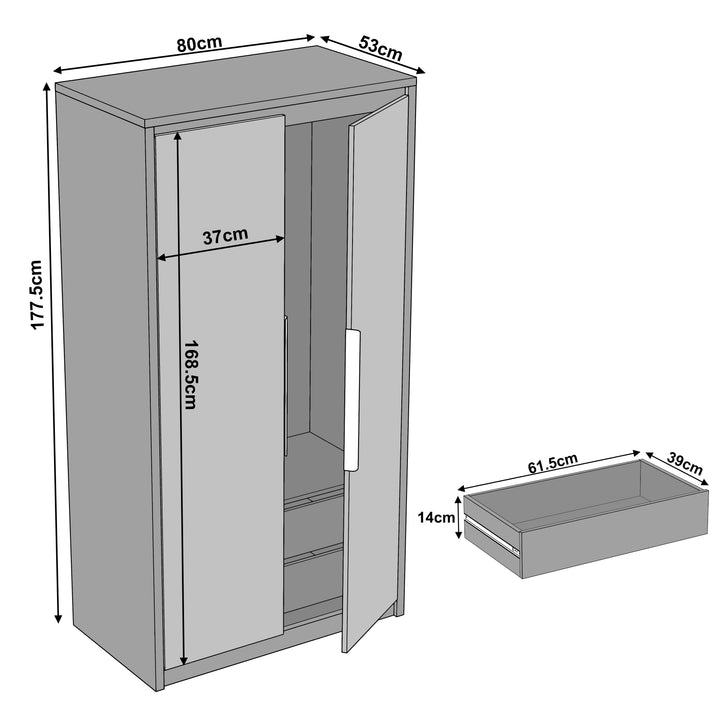 [Wooden Grey+Grey] Double wardrobe dimensions (HxWxD): 177.5 x 80 x 53 cm with drawers of 14 x 61.5 x 39 cm.