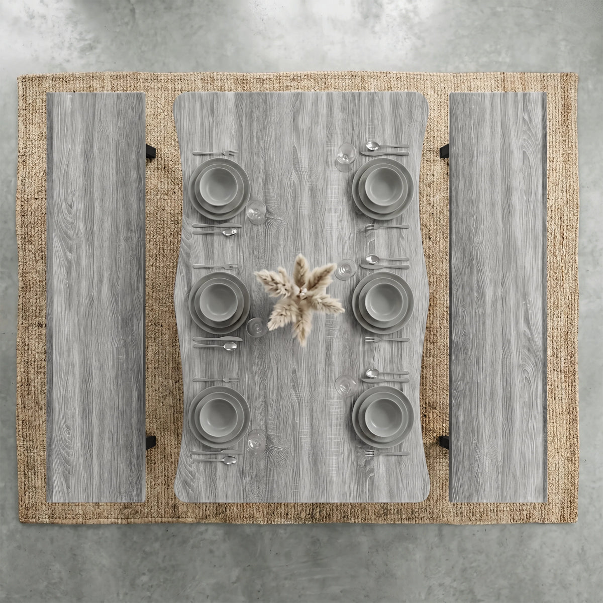 [Wooden Grey] Industrial 6 Seater Dining Table with Benches overhead view on jute rug with six grey place settings
