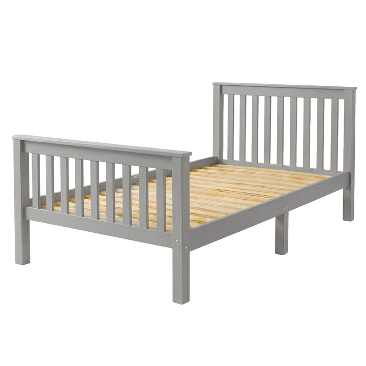 [Single | Grey] Studio view of Shaker wooden single bed showing pine slat mattress base and painted frame
