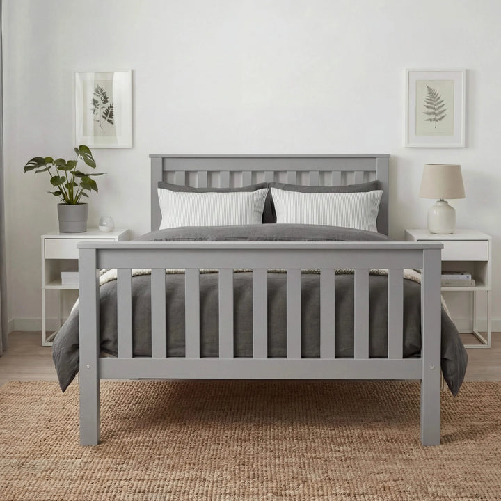 [Single | Grey] Front-on grey wooden single bed in room, white nightstands either side with lamp right and plant