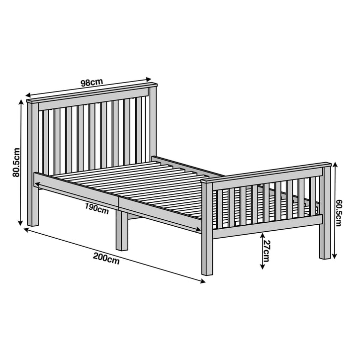 [Single | White] Dimensions diagram showing 98cm width and 200cm length with 80.5cm headboard and 60.5cm footboard height