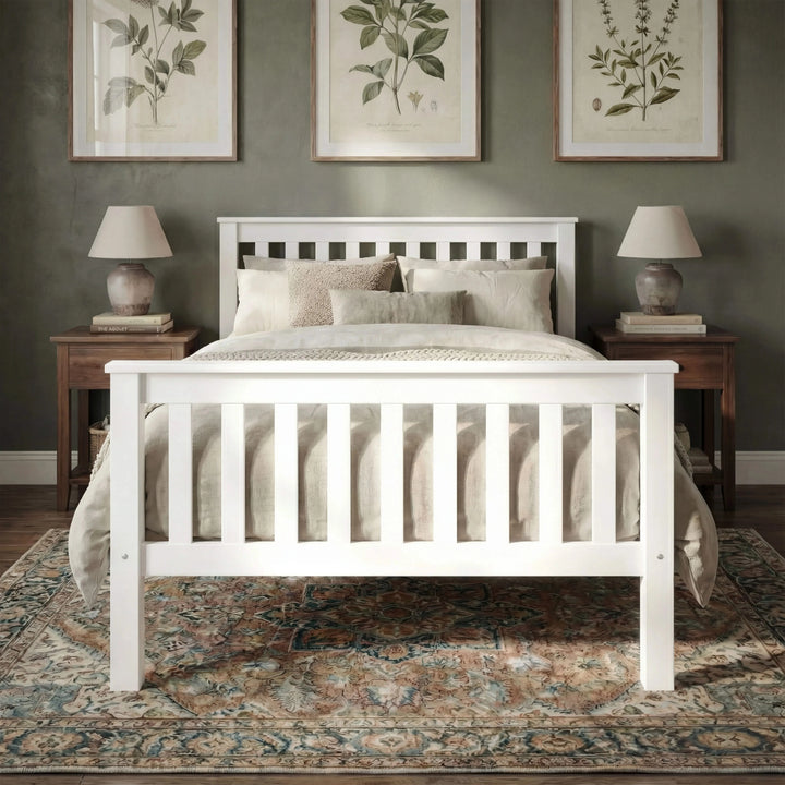 [Single | White] Front view of Shaker slatted wooden single bed centred between matching nightstands with lamps