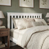 [Single | White] Close-up of Shaker slatted headboard showing vertical wooden slats with pillows and bedding below