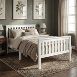 [Single | White] Side angle of Shaker-style slatted wooden single bed with matching headboard and footboard in styled room