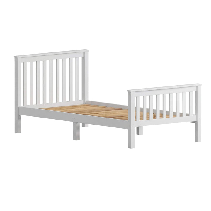 [Single | White] Studio view of Shaker wooden single bed showing pine slat mattress base and painted frame