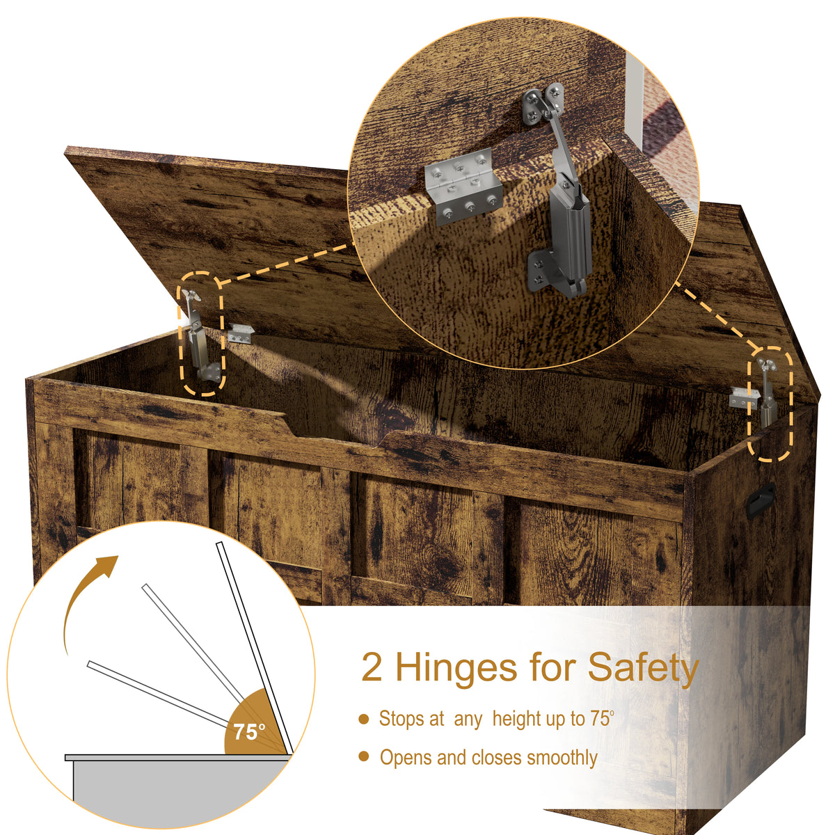 [Rustic] Wooden storage box with open lid, showing hinges and safety features on a white background.