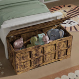 [Rustic] Wooden toy chest with stuffed animals in a child's room